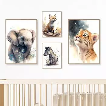 Улыбающиеся животные Слон Зебра Обезьяна Тигр Жираф Плакаты Детская Холст Картина Настенная картина с принтом Картина для детской комнаты Декор A4 21X30cm No Framed