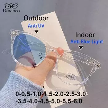 Umanco прозрачные фотохромные очки для близорукости для женщин и мужчин с защитой от синего света UV400, квадратные очки по рецепту 0 ~-6,0 -4.0 myopia