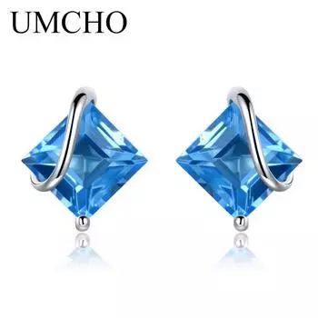 UMCHO 2,5 карата натуральный швейцарский синий топаз драгоценный камень серьги стерлингового серебра 925 пробы серьги-гвоздики на юбилей, день рождения, День святого Валентина, ювелирные изделия, подарки небесно-голубой