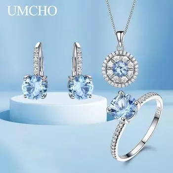 Umcho 925 пробы стерлингового серебра Nano небесно-голубой топаз ювелирные изделия кольца серьги ожерелья для женщин свадебный подарок 5 небесно-голубой