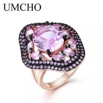 UMCHO 925 серебряные кольца с розовым морганитом для женщин, штабелируемые свадебные эффектные ювелирные изделия из стерлингового серебра 6