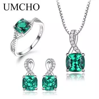 UMCHO Драгоценный камень Изумрудное кольцо Подвеска Серьги-гвоздики Комплект ювелирных изделий из стерлингового серебра 925 пробы 6 изумрудный