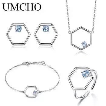 UMCHO Комплект ювелирных изделий из стерлингового серебра 925 пробы с натуральным голубым топазом Resizable небесно-голубой