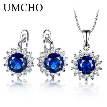 UMCHO Комплект ювелирных изделий с подвеской из синего сапфира и драгоценными камнями