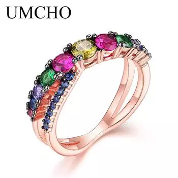 UMCHO красочные кольца с драгоценными камнями Изумрудный цитрин Рубин Кольца из стерлингового серебра 925 пробы для женщин Свадебная вечеринка Подарок Изящные ювелирные изделия 6