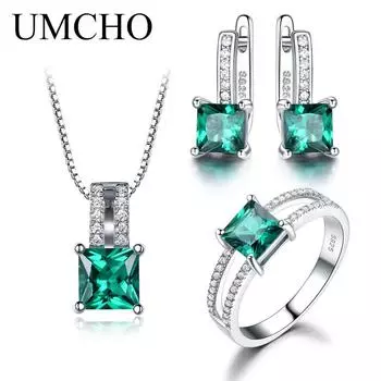 UMCHO Натуральное серебро 925 пробы для женщин Комплект ювелирных украшений с драгоценными камнями и изумрудами 5 изумрудный