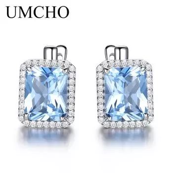 UMCHO Роскошные нано-голубые топазы с драгоценными камнями, клипсы на юбилей, день рождения, День святого Валентина, ювелирные изделия, подарки для женщин, жены и девочек небесно-голубой