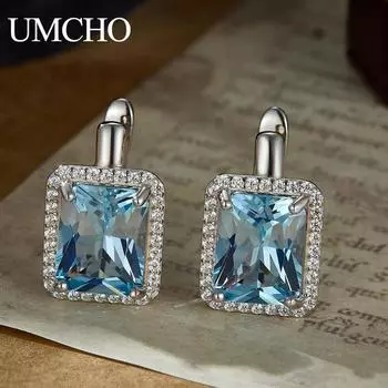 UMCHO Роскошные нано небесно-голубые топаз драгоценный камень клипсы серьги ювелирные изделия для женщин подарок на день рождения небесно-голубой