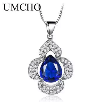 UMCHO Роскошные синие сапфировые подвески ожерелья для женщин ожерелье с каплями воды и цветами на цепочке вечерние украшения сапфировый