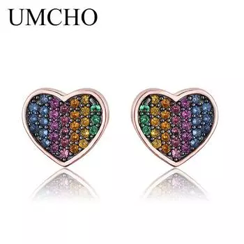 UMCHO серьги-гвоздики из чистого серебра 925 пробы с драгоценными камнями, красочные серьги-гвоздики в форме сердца для женщин, подарок на день Святого Валентина, изящные ювелирные изделия