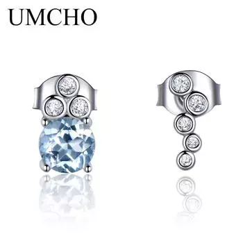 UMCHO серьги-гвоздики с натуральным синим топазом для женщин, ювелирные изделия с синим драгоценным камнем, свадебные корейские серьги, новинка 2018 года небесно-голубой