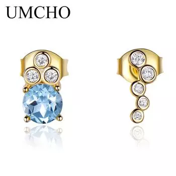 UMCHO серьги-гвоздики с натуральным небесно-голубым топазом для женщин, желтые серьги из стерлингового серебра 925 пробы, женский подарок для любви, ювелирные украшения