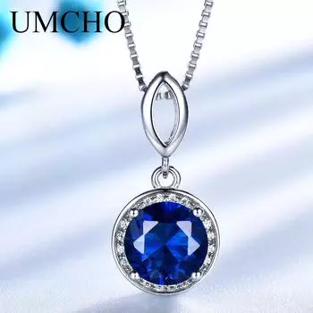 UMCHO синий сапфир круглые подвески ожерелья для женщин звено цепи очаровательные ювелирные изделия подарок с коробкой сапфировый