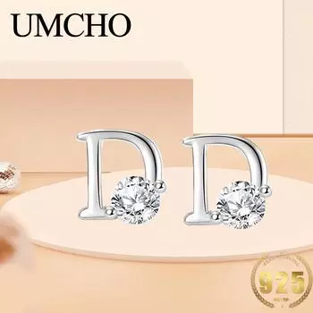 UMCHO стерлингового серебра 925 пробы, винтажные роскошные серьги с цирконом в виде буквы D для женщин, маленькие нежные серьги-гвоздики, брендовые модные ювелирные изделия, подарок платиновый