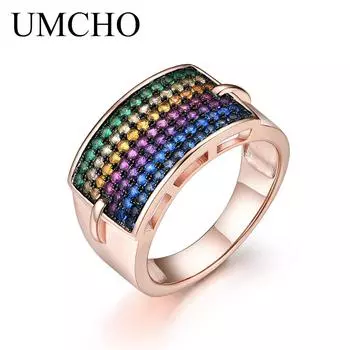 UMCHO твердые кольца из стерлингового серебра 925 пробы красочные радужные кольца с драгоценными камнями для женщин обручальное обручальное кольцо 6