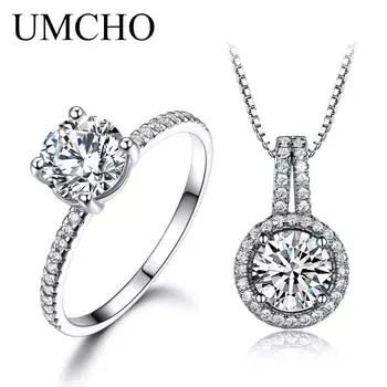 UMCHO твердые стерлингового серебра 925 пробы ювелирные изделия циркон кольцо подвески ожерелья для женщин свадебный комплект ювелирных изделий 5 чистый