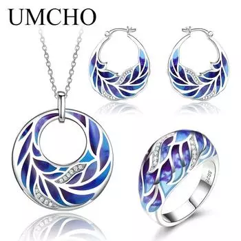 UMCHO женский серебряный комплект ювелирных изделий ручной работы, кольцо, серьги, ожерелье, однотонное белое кольцо 925 с фианитами, уникальное кольцо с растением и цветком, женское вечерние