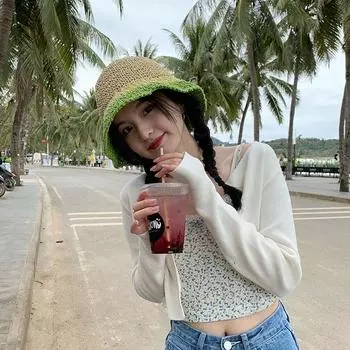 Уменьшить возраст и постепенно менять цвет соломенной шляпы, женская корейская летняя дорожная шляпа с козырьком от солнца, универсальная соломенная шляпа-ведро для лица one size fits all зелёный