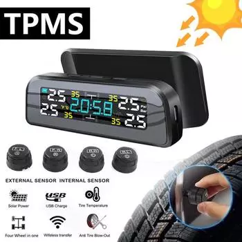 Умная автомобильная система контроля давления в шинах TPMS, солнечные цифровые часы, ЖК-дисплей, система защитной сигнализации, давление в шинах, температура External Sensor чёрный