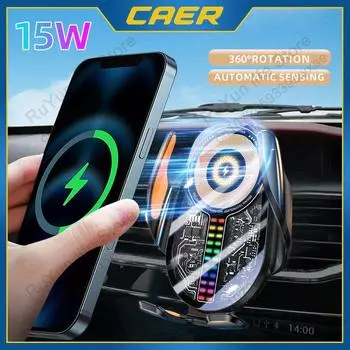 Умная беспроводная автомобильная зарядная стойка с сенсорным датчиком 15 Вт, быстрая зарядка, держатель для телефона с вентиляционным отверстием, USB-зарядка, музыка, окружающий свет