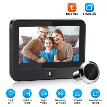 Умная дверная камера Tuya WiFi S50, камера с автоматическим обнаружением дверного глаза, цифровой дверной просмотрщик, беспроводной дверной звонок, цифровой дверной глазок, дверной звонок S50 чёрный