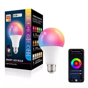 Умная лампочка, совместимая с Alexa и Google Home, светодиодная лампочка A60, эквивалент 10 Вт, 2,4 ГГц WiFi и Bluetooth, приложение для изменения цвета с регулировкой яркости разноцветный