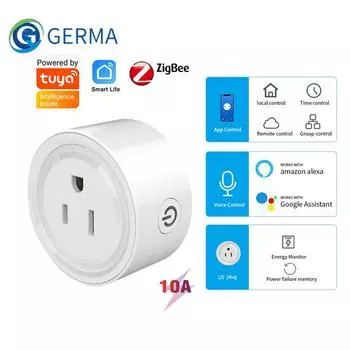 Умная розетка Germa Zigbee Us Plug для шлюза-концентратора Умный дом Беспроводной пульт дистанционного управления Приложение Tuya Smart Life работает с Alexa Google Home US Zigbee Socket 10A
