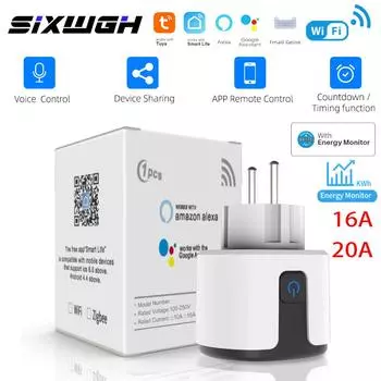 Умная розетка Sixwgh Tuya Wi-Fi 16a/20a, вилка европейского стандарта, США, Великобритании, Au с функцией мониторинга, электронная розетка для умного дома, Alexa Cozylife US Plug 20A