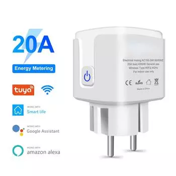 Умная розетка Tuya Wi-Fi, 20 А, умная розетка европейского стандарта с функцией таймера монитора мощности, 4200 Вт, совместимая с Alexa Google Home 1 Pcs