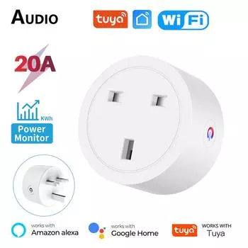Умная розетка Tuya Wi-Fi 20a, британская мини-умная розетка, монитор мощности, розетка для синхронизации, голосовое приложение, дистанционное управление, работает с Google Home Alexa WiFi Smart Plug