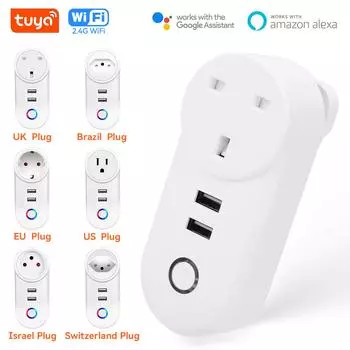 Умная розетка Tuya WiFi 16A с 2 USB-портами для зарядки, адаптер для розетки, умная розетка, работает с Alexa Google Home, ЕС, США, Бразилия, Чили