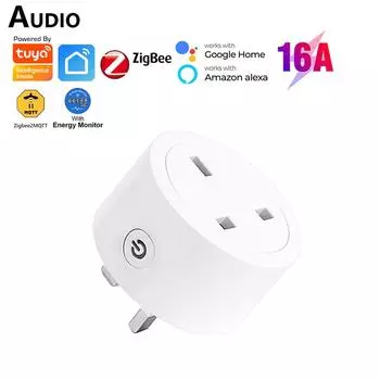Умная розетка Tuya Zigbee, британская вилка 16a, домашний монитор энергопотребления, адаптер розетки, умное время жизни, голосовое управление для Alexa Google 16A