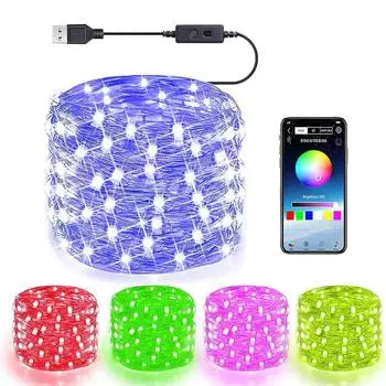 Умная светодиодная гирлянда RGB Цветная Bluetooth-приложение с дистанционным управлением Рождественская музыкальная лампа 10 м Водонепроницаемая световая гирлянда с питанием от USB