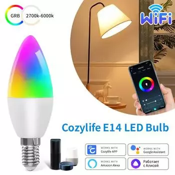Умная светодиодная лампа WiFi E14 5 Вт 7 Вт 9 Вт Cozylife Candle Lamp 85-265 В RGB+CW с регулировкой яркости Управление с помощью приложения Работает с Alexa Google Home