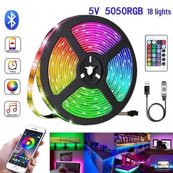 Умная светодиодная лента Bluetooth 5V: 18 RGB-ламп с синхронизацией музыки и самоклеящимися элементами 1m