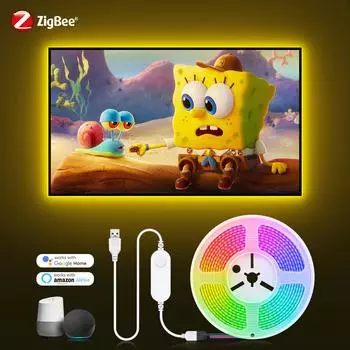 Умная светодиодная лента Tuya ZigBee COB USB 5 В с регулируемой яркостью FOB Tape APP Alexa Voice Control Спальня Кухня Шкаф Телевизор Лампа для создания атмосферы 1M Kit белый