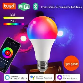 Умная WiFi-лампа Tuya E27, двухрежимная, с голосовым управлением, семицветная, с таймером дистанционного управления, совместимая с Alexa AC 220-240V. WIFI 9W-A60