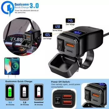 Умное зарядное устройство для мотоцикла Dual USB QC3.0 со светодиодным дисплеем напряжения - универсальное крепление на руль PD, QC, Without Dispaly чёрный