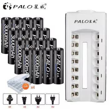 Умное зарядное устройство PALO с 8 слотами для батарей AA AAA NIMH NICD 1,2 В с 16 перезаряжаемыми батареями NIMH AA 3000 мАч 1,2 В EU