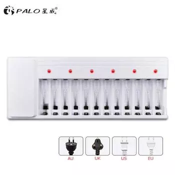 Умное зарядное устройство Palo со светодиодным дисплеем и 12 слотами для никель-кадмиевых NiMh-аккумуляторов типа AA/AAA12 фото перезаряжаемых батарей типа AA белый