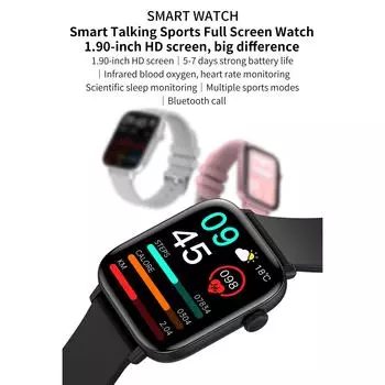 Умные часы 1,90 дюйма 240*286 Полноэкранный сенсорный мониторинг здоровья Монитор сна Часы IP67 чёрный