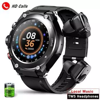 Умные часы 2 в 1 Беспроводная гарнитура Частота сердечных сокращений Артериальное давление Температура тела Bluetooth Вызов Умные часы TWS Гарнитура