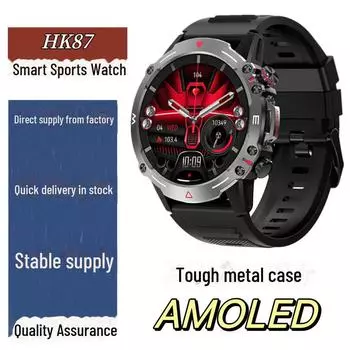 Умные часы HK87: Bluetooth-вызовы, AMOLED-экран, прочный металлический корпус, водонепроницаемый, идеально подходит для занятий спортом на открытом воздухе, длительный срок службы батареи чёрный