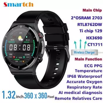 Умные часы Ti Chip Ecg с беспроводной зарядкой 1,32 дюйма, 360*360, круглый дисплей, термометр температуры тела, Spo2, умные часы