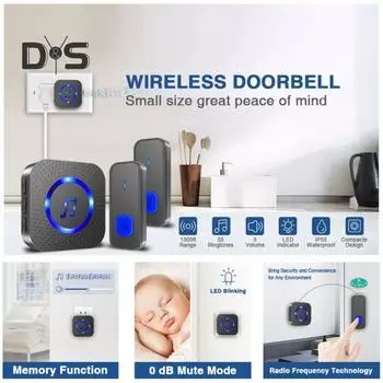 Умный беспроводной дверной звонок Регулируемая громкость Большой радиус действия 5 уровней громкости Водонепроницаемый Простая установка дверного звонка чёрный