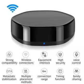 Умный беспроводной шлюз ИК-пульт дистанционного управления ZigBee 3.0 BLE Mesh 2.4G WiFi для кондиционера, телевизора, DVD чёрный