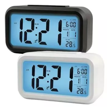 Умный цифровой будильник с черным белым ЖК-дисплеем с температурным календарем и таймером, светодиодная подсветка для спальни и офиса (Без батареи)
