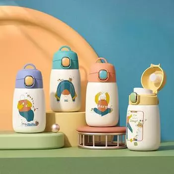 Умный детский термос из нержавеющей стали с мультяшной прыгающей чашкой для воды, двойная вакуумная пузатая чашка 301-400ml