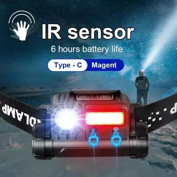 Умный индукционный налобный фонарь, водонепроницаемый, мощный налобный фонарь, многорежимный перезаряжаемый налобный фонарь, регулируемый налобный фонарь для кемпинга и пешего туризма Kit A чёрный