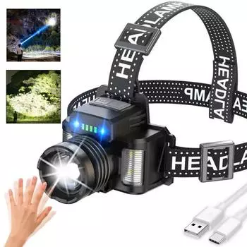 Умный индукционный светодиодный налобный фонарь с 6 режимами зарядки через USB, зумируемый налобный фонарь со встроенным аккумулятором для рыбалки и охоты на открытом воздухе B-XPG+COB